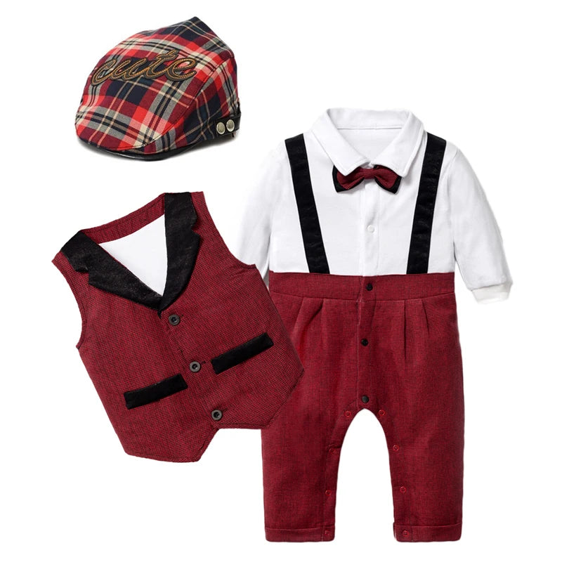 Baby Suits Newborn Boy Clothes Romper + Vest + Hat Formal Clothing Outfit Party Bow Tie Children Toddler Birthday Dress 0- 24 M