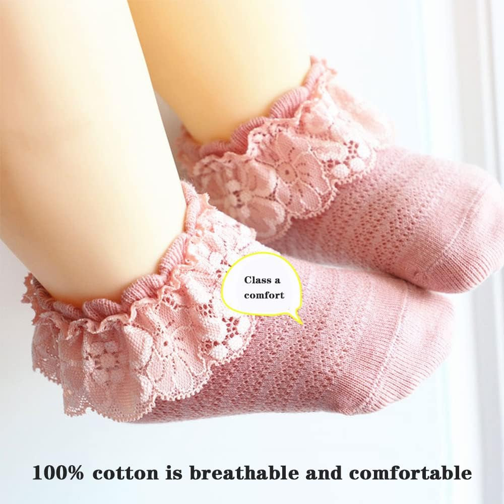 5 Pairs Toddler Baby Girl Ruffle Eyelet Lace Socks Princess Frilly Knit Cotton Short Socks for Infants Toddlers