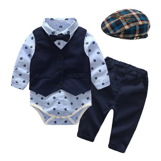 Baby Suits Newborn Boy Clothes Romper + Vest + Hat Formal Clothing Outfit Party Bow Tie Children Toddler Birthday Dress 0- 24 M