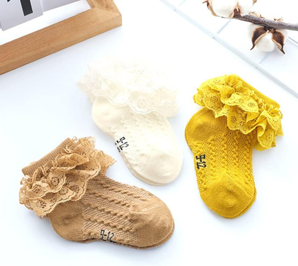 5 Pairs Toddler Baby Girl Ruffle Eyelet Lace Socks Princess Frilly Knit Cotton Short Socks for Infants Toddlers